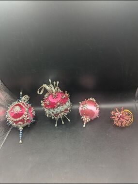 Vintage Set Of 4 Handcrafted Pink Beaded Push Pin Ornaments